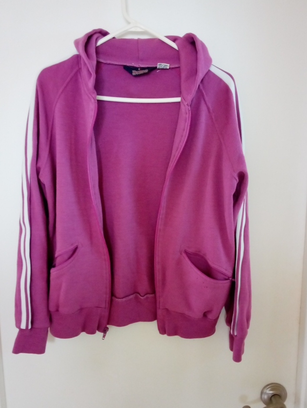 Women’s Hooded Zip Varsity Jacket in Purple with White Stripe